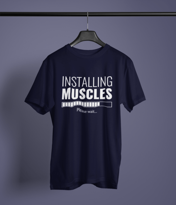 navy blue color installing muscles printed tee on a hanger