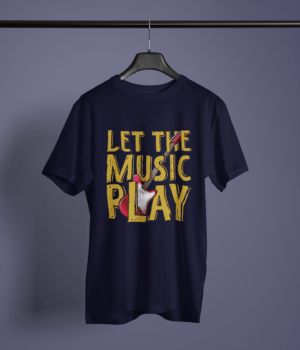 navy blue color let the music play printed tee on a hanger