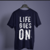 navy blue color life goes on printed tee on a hanger