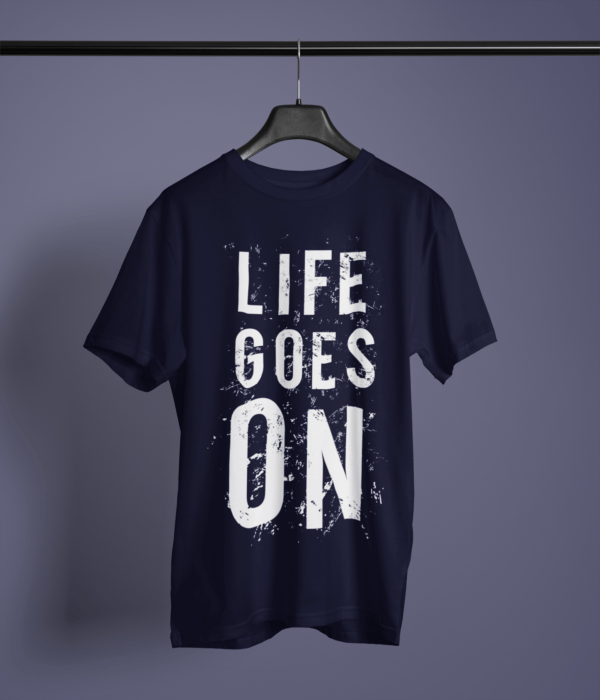 navy blue color life goes on printed tee on a hanger