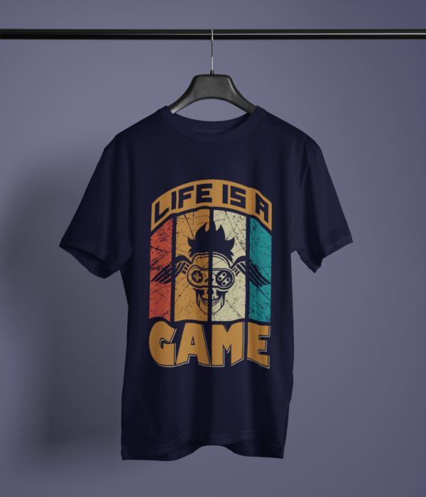 navy blue color life is a game graphic tee on a hanger