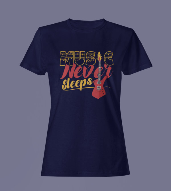 Navy Blue Color Women’s Premium Quality Round Neck Half Sleeve Music Never Sleeps Printed Tees