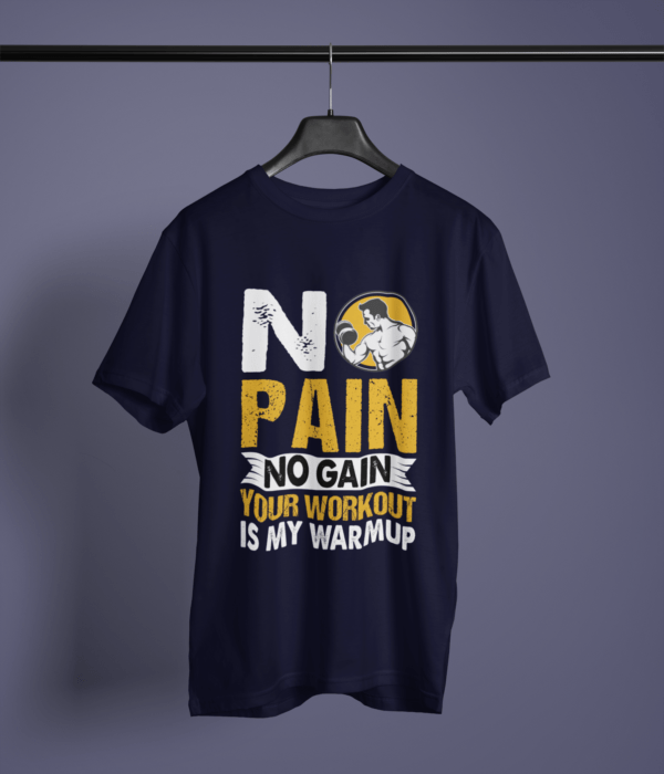 navy blue color no pain no gain graphic tee on a hanger