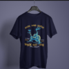 navy blue color rise and shine graphic printed t-shirt on a hanger