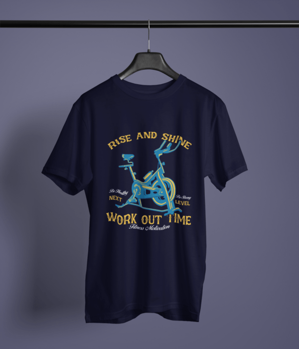 navy blue color rise and shine graphic printed t-shirt on a hanger