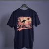 navy blue color surfing graphic tee on a hanger