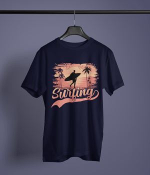 navy blue color surfing graphic tee on a hanger