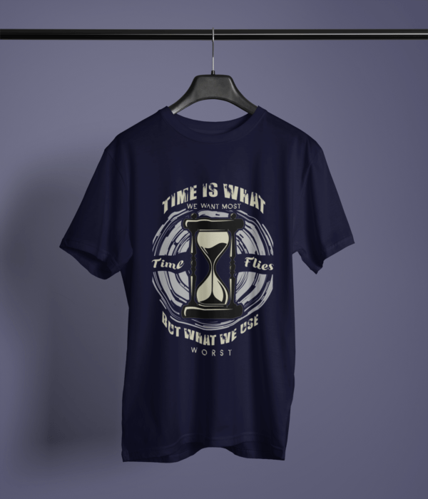 navy blue color time is what we want most graphic tee on a hanger