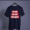 navy blue color work sweat achieve graphic tee on a hanger