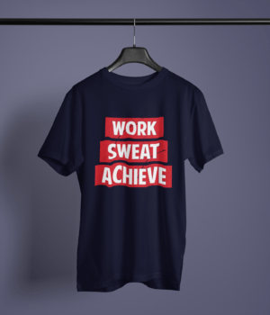 navy blue color work sweat achieve graphic tee on a hanger