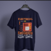 navy blue color electrical engineers have just the right spark graphic printed t-shirt on a hanger