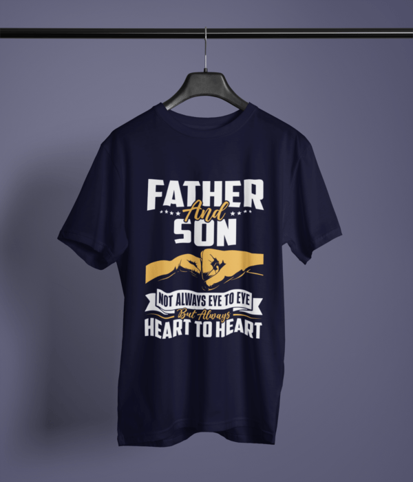 navy-blue-father-and-son-always-heart-to-heart printed t-shirt on-a-hanger