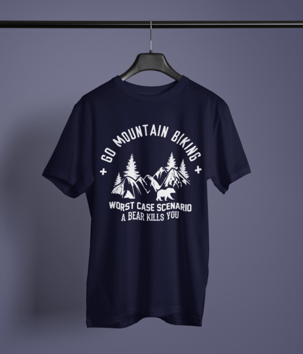 navy-blue-go-mountain-biking printed t-shirt on-a-hanger