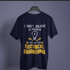 navy blue color I don't believe in miracles graphic printed t-shirt on a hanger