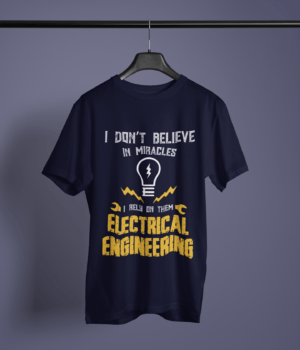 navy blue color I don't believe in miracles graphic printed t-shirt on a hanger