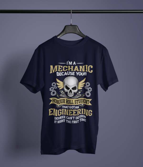 navy blue color i'm a mechanic graphic t-shirt on a hanger