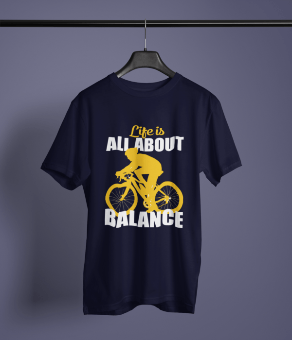 navy-blue-life-is-all-about-balance printed t-shirt on-a-hanger