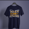navy blue color make some noise graphic printed t-shirt on a hanger