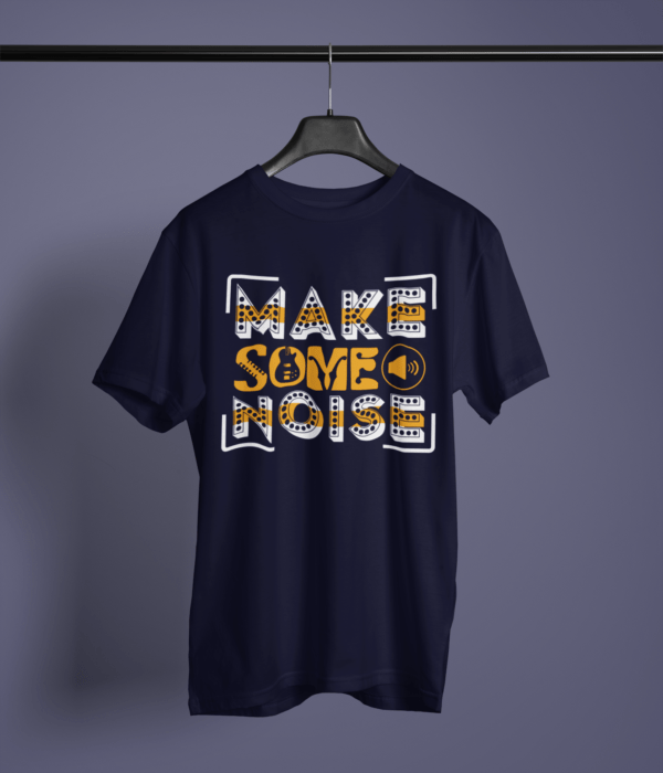 navy blue color make some noise graphic printed t-shirt on a hanger