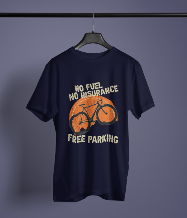 navy-blue-no-fuel-no-insurance-free-parking printed t-shirt on-a-hanger