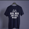 navy-blue-real-men-don't-need-motors graphic tee on-a-hanger