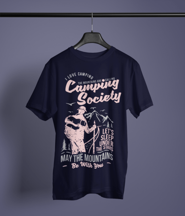 navy-blue-the-mountains-are-calling printed tee on-a-hanger