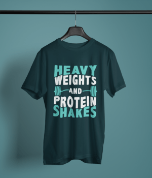 petrol blue color heavy weights and protein shakes graphic tee on a hanger