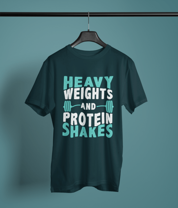 petrol blue color heavy weights and protein shakes graphic tee on a hanger