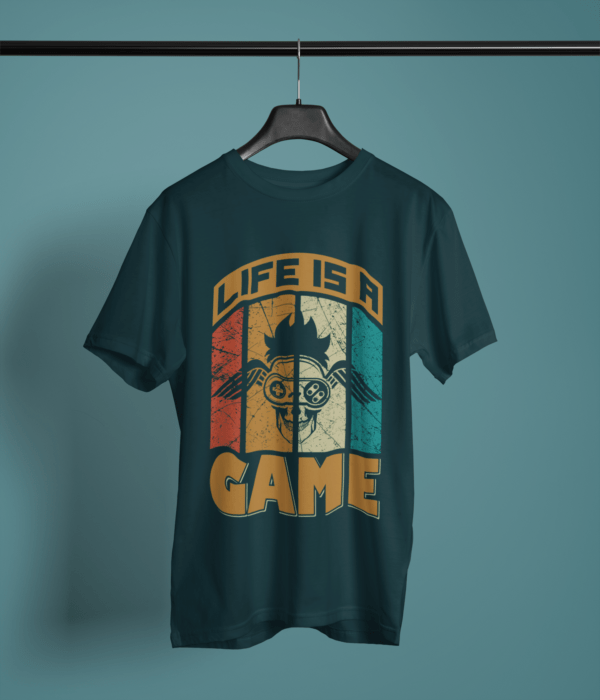 petrol blue color life is a game graphic tee on a hanger