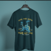 petrol blue color rise and shine graphic printed t-shirt on a hanger