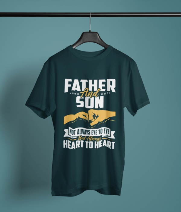 petrol-blue-father-and-son-always-heart-to-heart printed t-shirt on-a-hanger