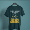 petrol blue color I don't believe in miracles graphic printed t-shirt on a hanger