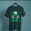 petrol blue color in engineers we trust printed t-shirt on a hanger