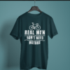 petrol-blue-real-men-don't-need-motors graphic tee on-a-hanger