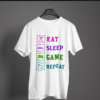 white color eat sleep game repeat graphic tee on a hanger
