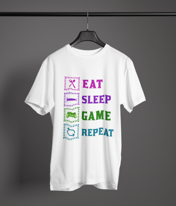 white color eat sleep game repeat graphic tee on a hanger