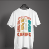 white color evolution gaming graphic tee on a hanger