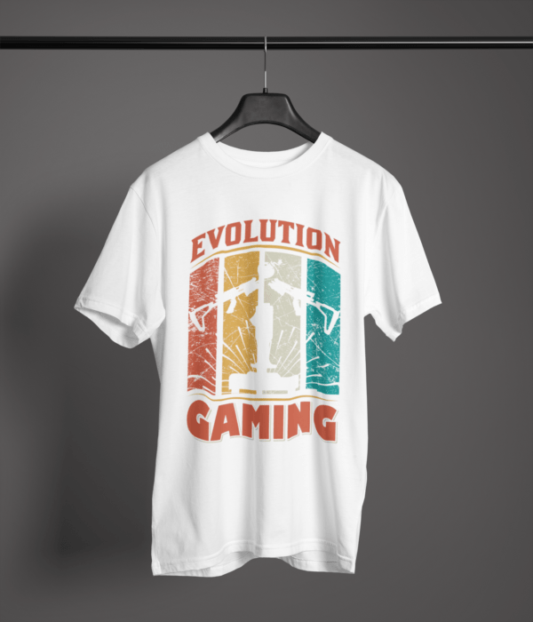 white color evolution gaming graphic tee on a hanger