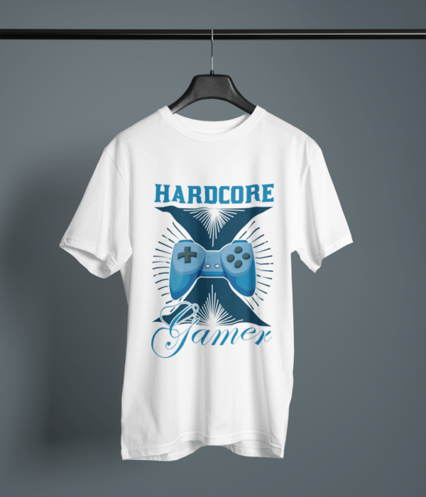 white color hardcore gamer printed tee on a hanger