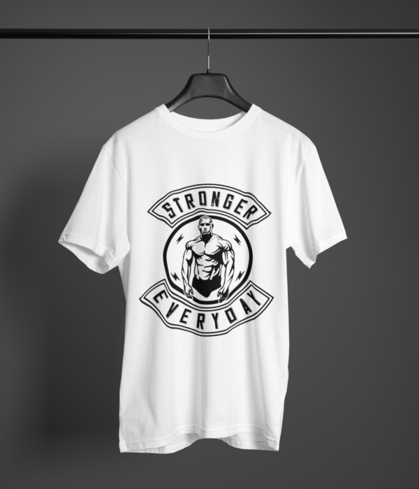 white color stronger everyday graphic tee on a hanger