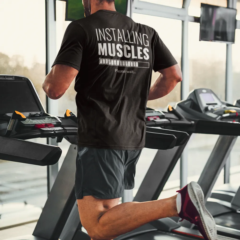 Installing Muscles Gym T Shirt Coffee Brown Model